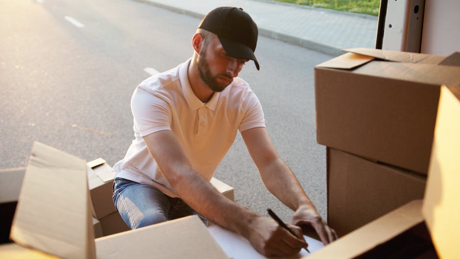 A man wearing a black cap, white polo shirt, and jeans is seated on the pavement at the entrance of a property during daytime, carefully packing a cardboard box with various items for house removals. He is writing on a label or packing slip with a black marker, surrounded by additional packed boxes and packing materials such as brown cardboard boxes, some open and others sealed. The scene captures the unloading or packing process in a home relocation setting, with the open doorway behind him leading into the property. The lighting suggests natural daylight, and the area appears organized for efficient furniture transport and packing for a household move. This image illustrates a professional removals process managed by Man and Van Kingston as part of their home relocation and packing services.